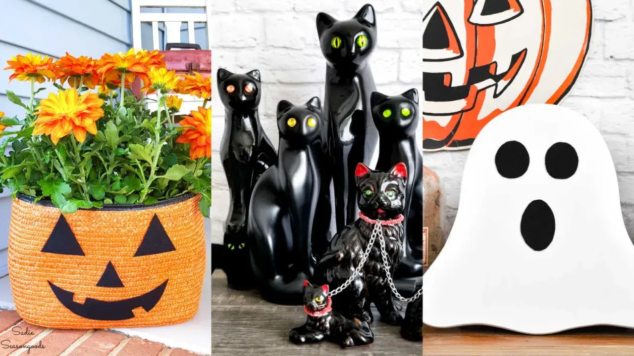 Charming Halloween decorations on the cheap: a jack-o'-lantern planter, a coven of black cats, and a friendly ghost.