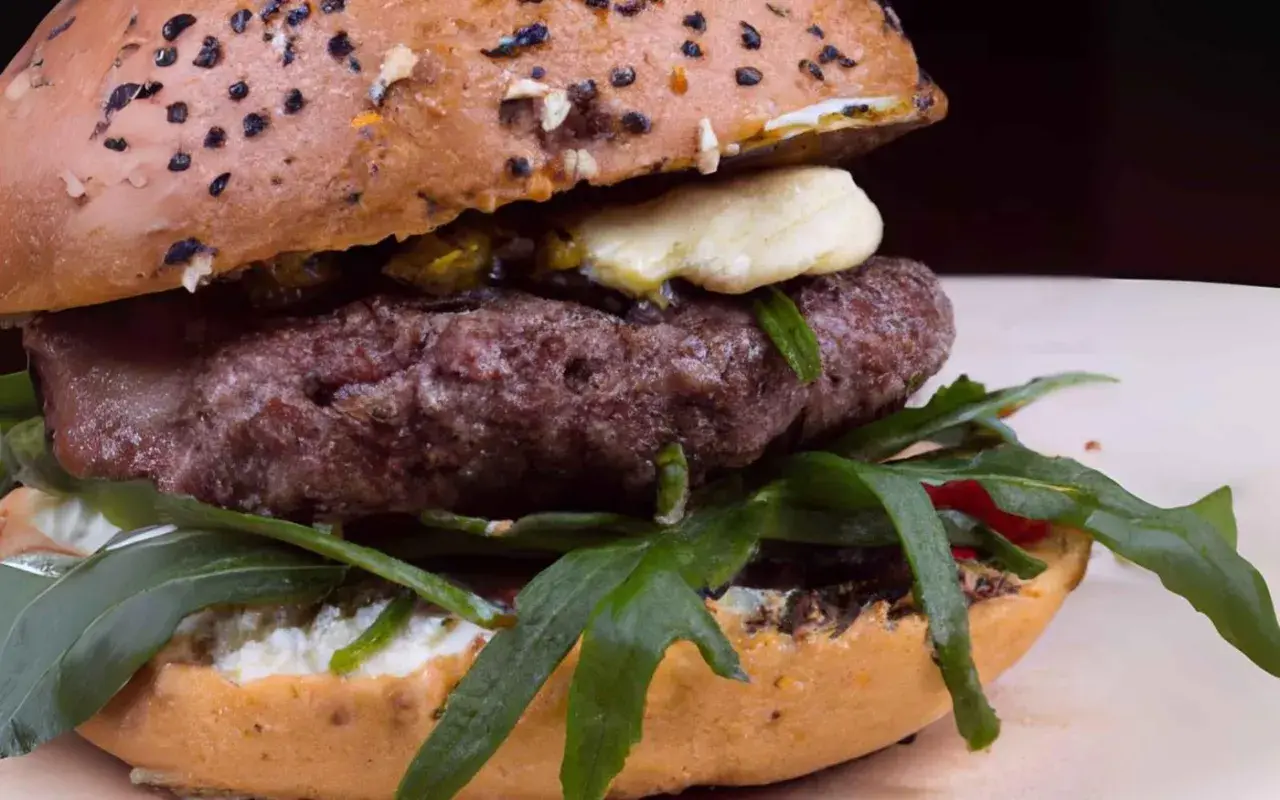 Un délicieux burger agneau, garni de roquette fraîche et d'une sauce crémeuse, prêt à être dégusté.