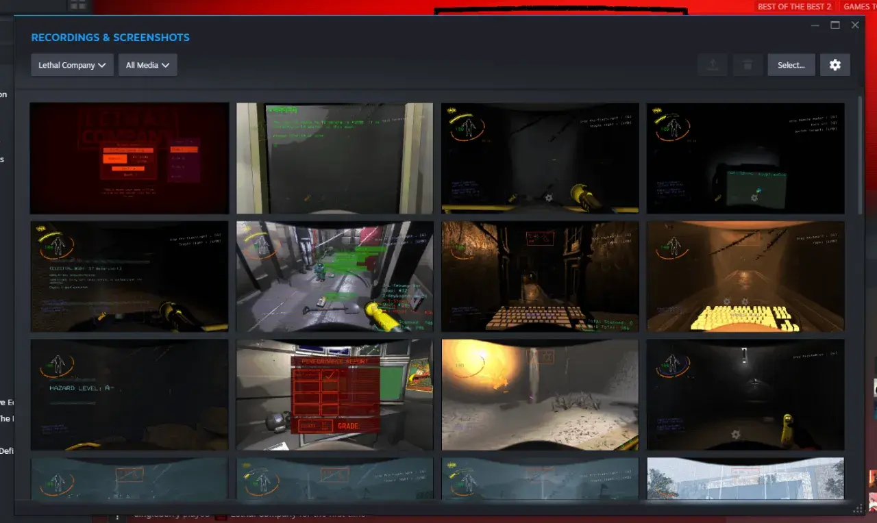 Miniaturki zrzutów ekranu z gry Lethal Company, widok okna Steam.