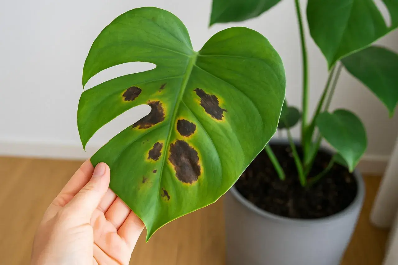Monstera-Blatt mit unschönen braunen Flecken, die auf Pflegeprobleme hindeuten.