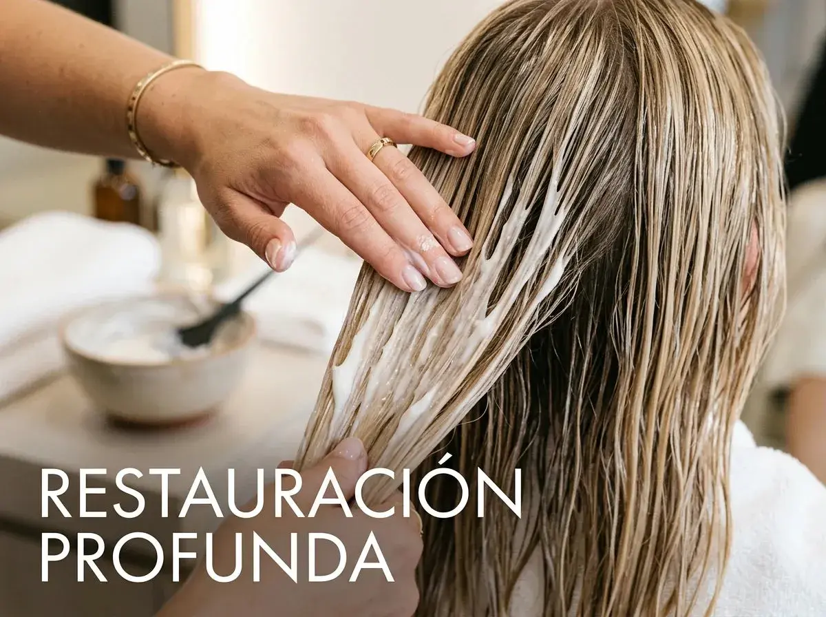 Manos aplicando mascarilla para el cabello, ideal para saber como recuperar el pelo quemado y lograr una restauración profunda.