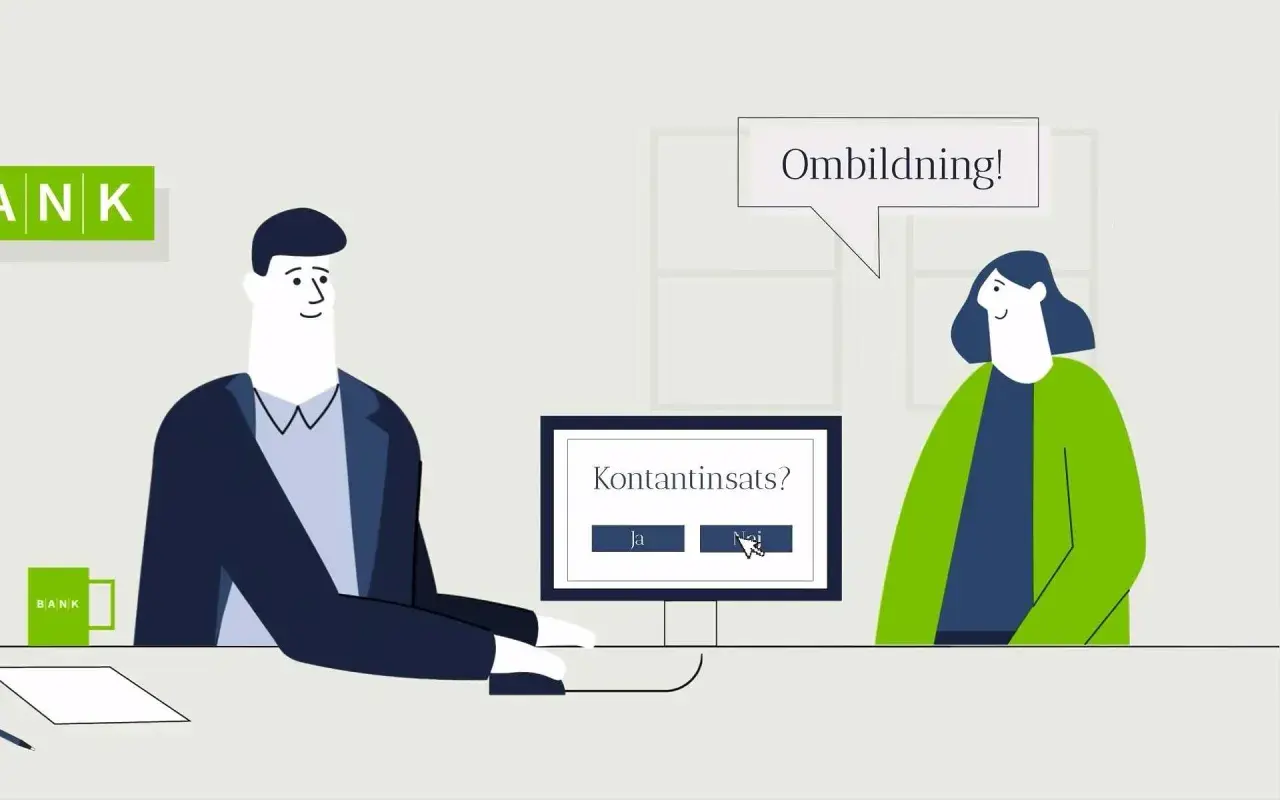 Två personer diskuterar "Kontantinsats?" på en datorskärm. En säger "Ombildning!".