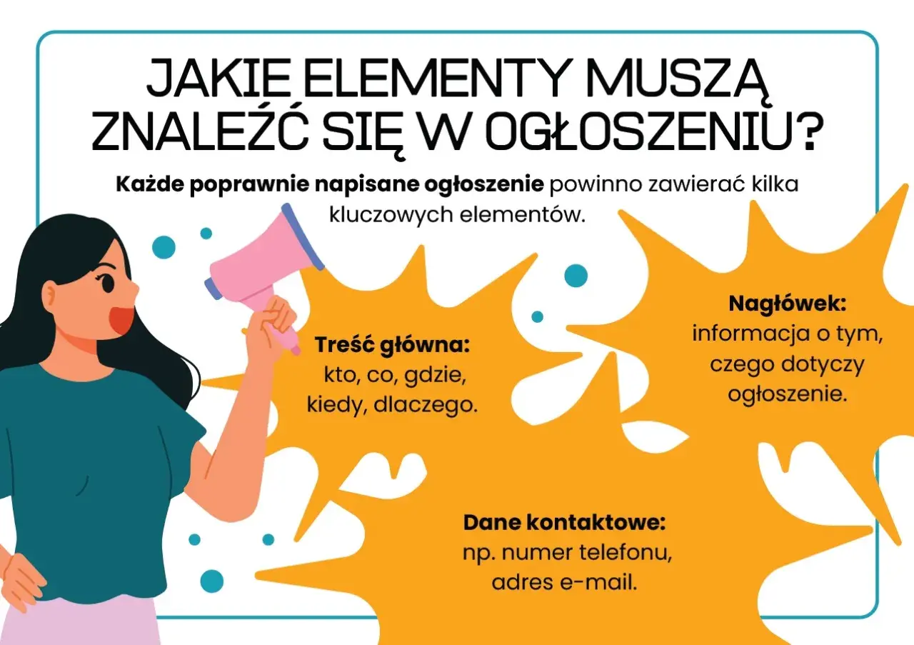 Ilustracja kobiety z megafonem i dymkami z tekstem o elementach ogłoszenia.