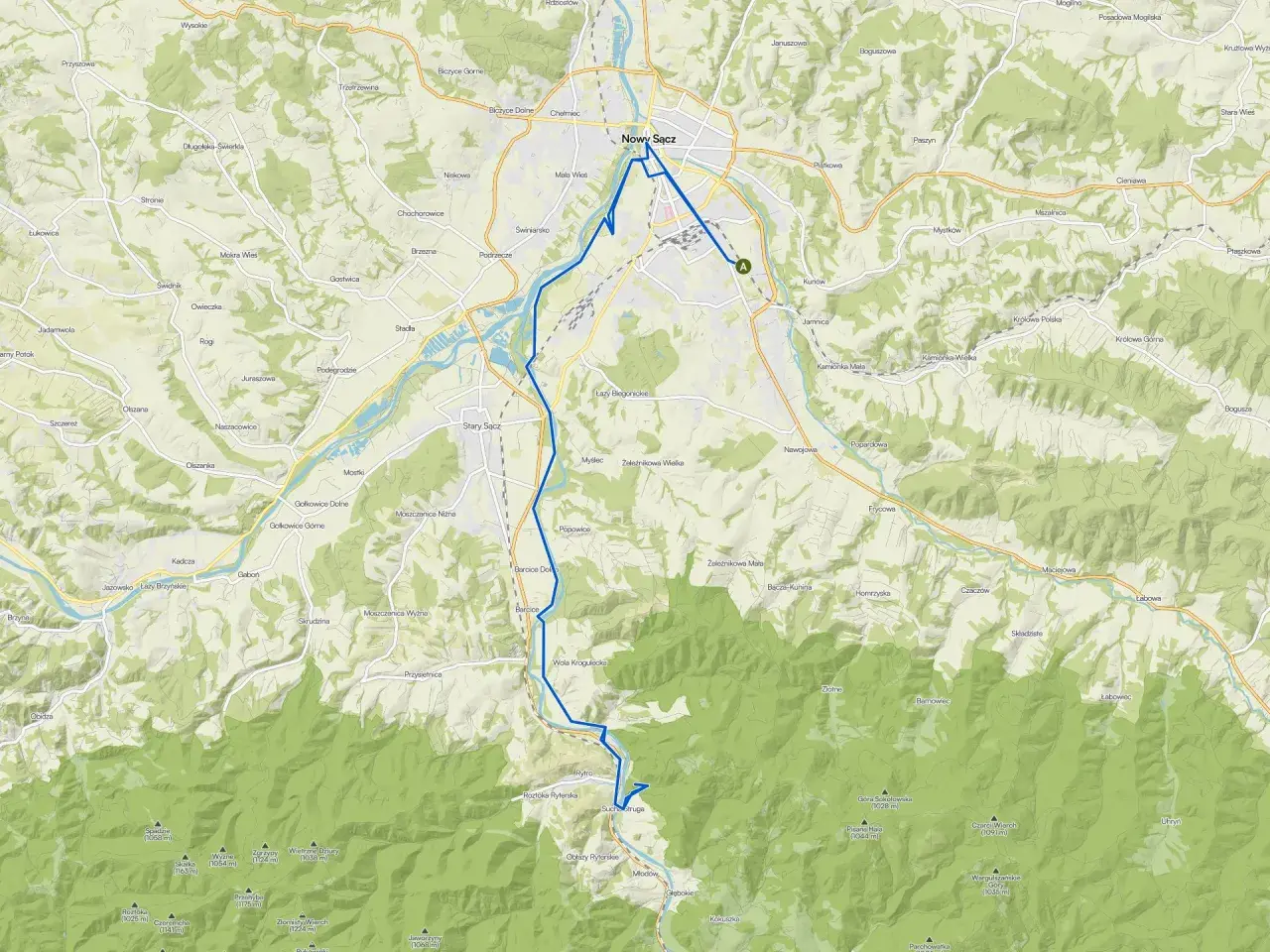 Mapa z zaznaczonymi trasami rowerowymi Nowy Sącz i okolicami, prowadzącymi przez malownicze tereny.