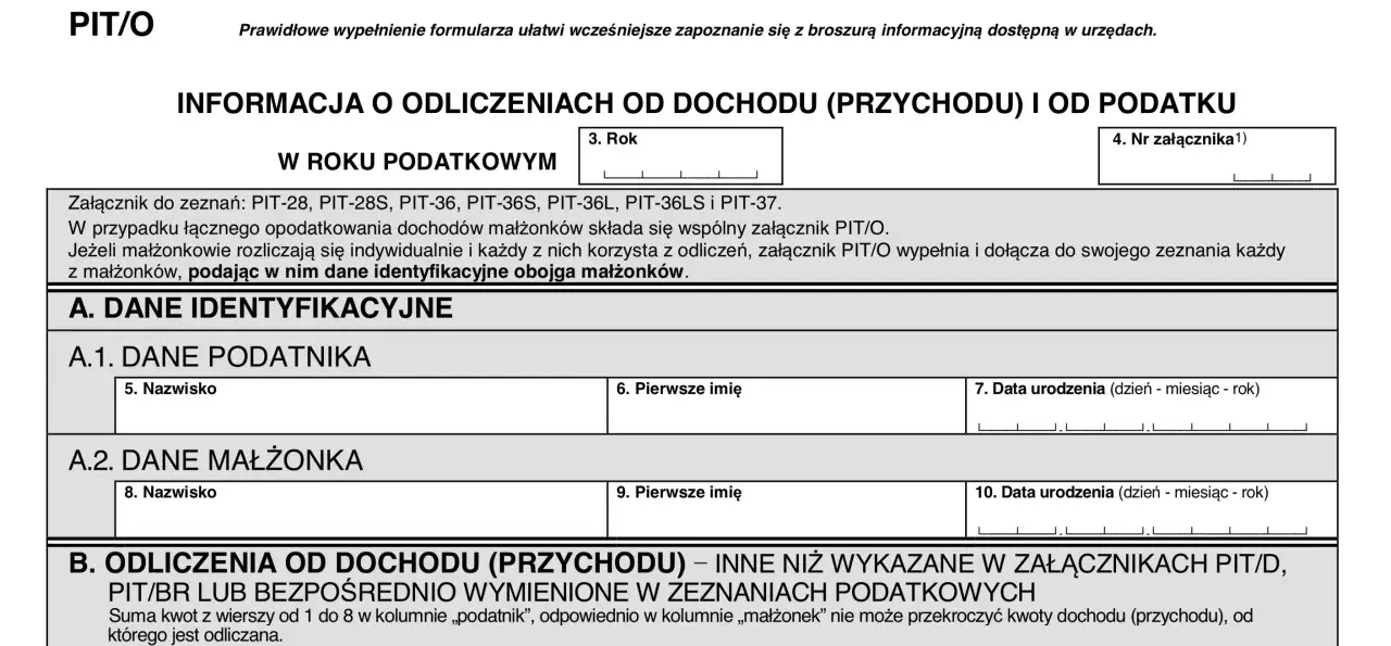 Formularz PIT/O do rozliczenia ulgi termomodernizacyjnej. Przykład wypełnienia danych podatnika i małżonka.