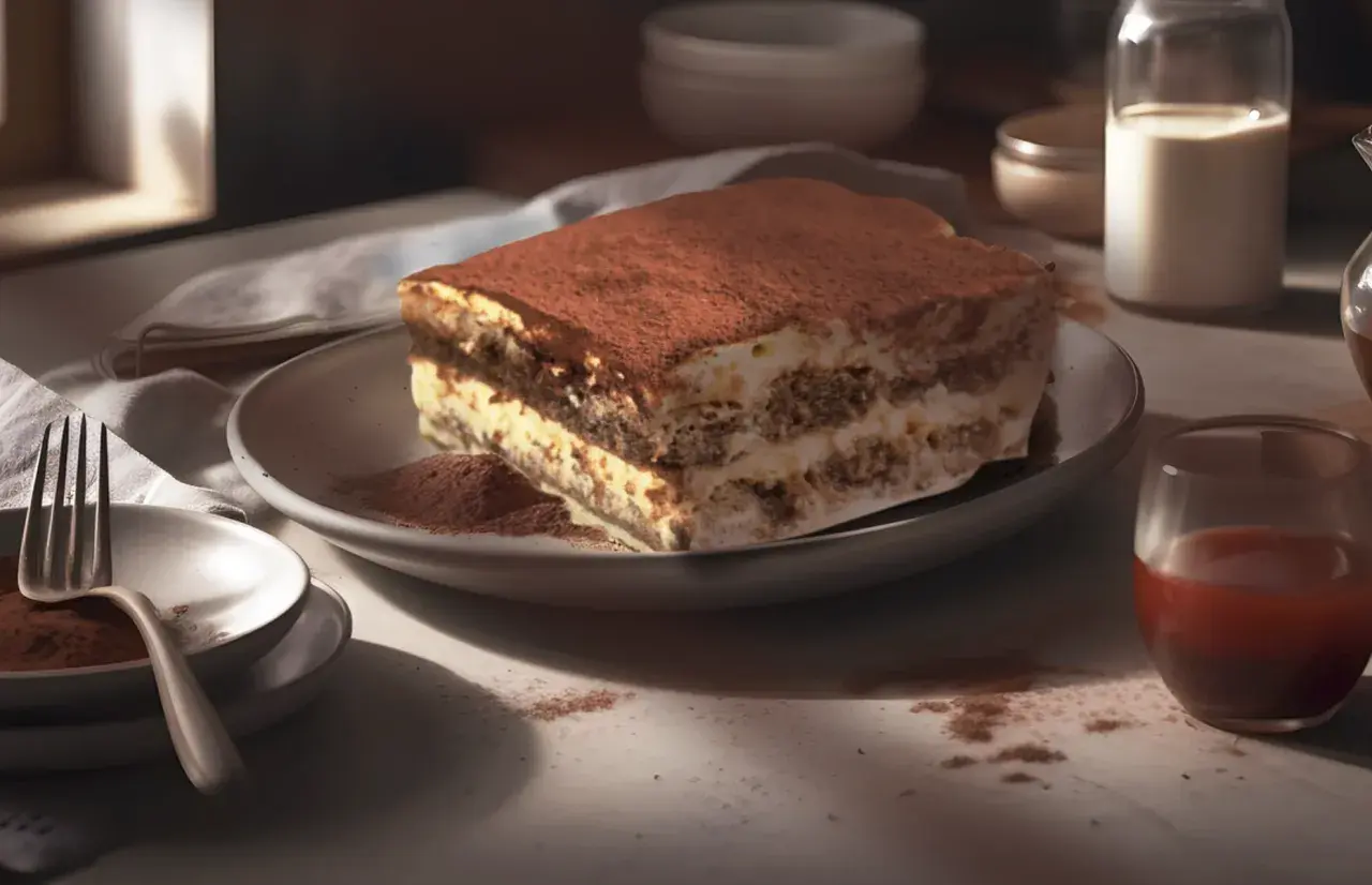 Un délicieux tiramisu, saupoudré de cacao, prêt à être dégusté. Une gourmandise qui rappelle les saveurs des tiramisu cookies.