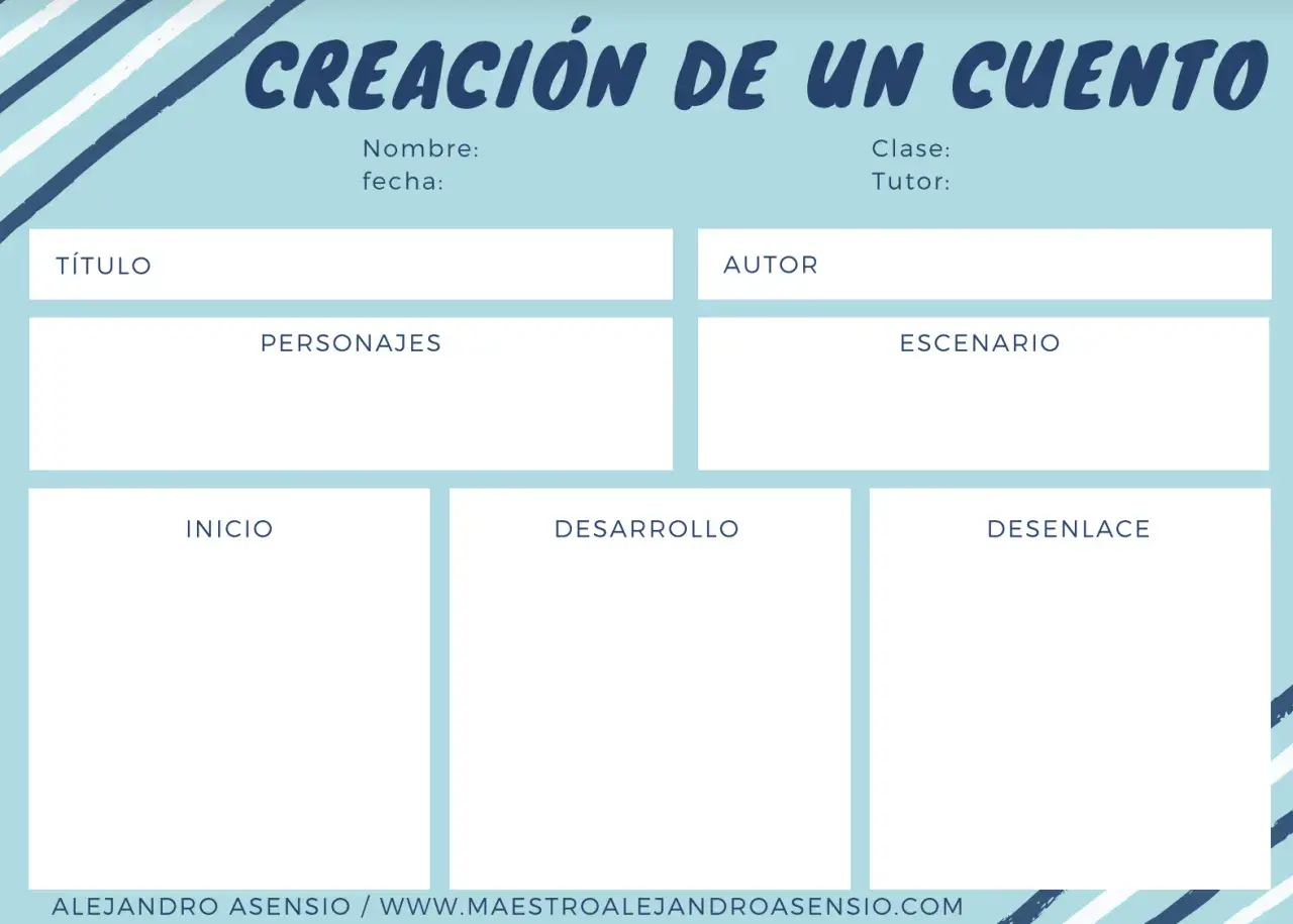 Plantilla cuento primaria para organizar ideas: título, personajes, escenario, inicio, desarrollo y desenlace.