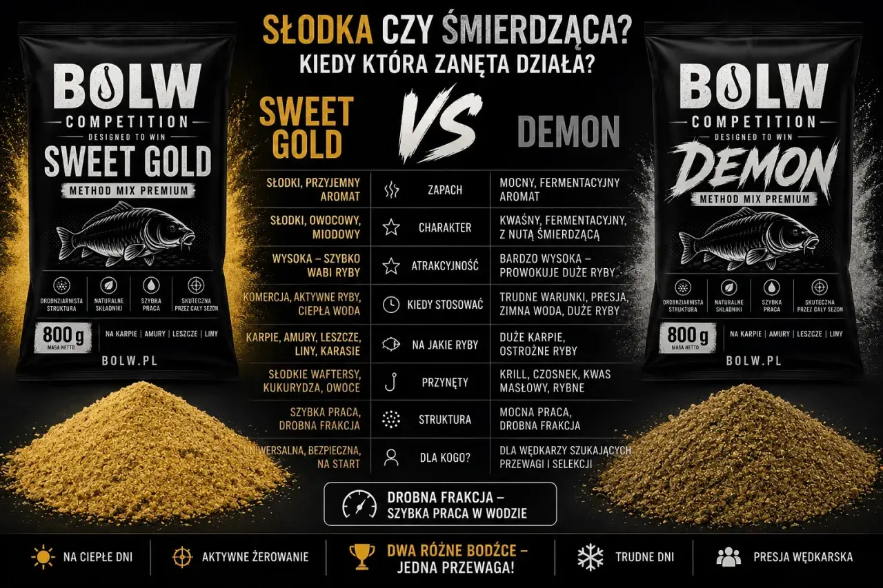 Torba zanęty wędkarskiej BOLW Sweet Gold, słodka i owocowa, idealna na ciepłe dni i aktywne żerowanie.