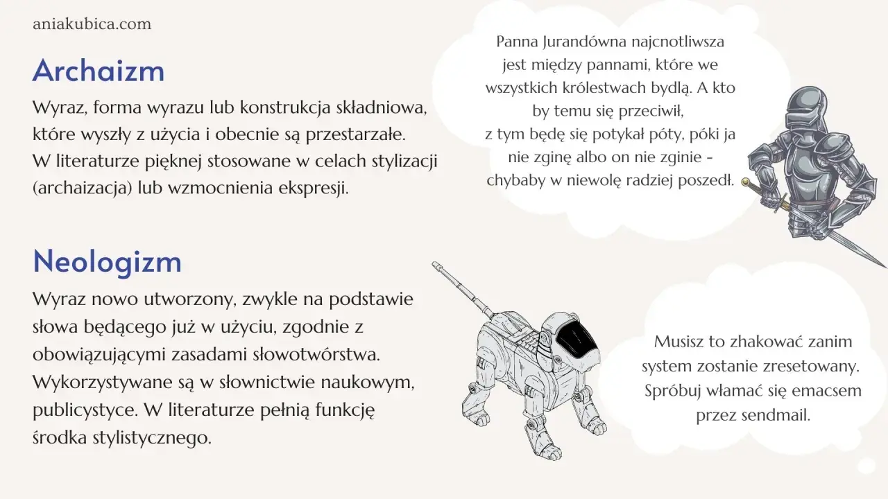 Ilustracja przedstawia rycerza w zbroi i robota przypominającego psa, obok tekstów o archaizmach i neologizmach.