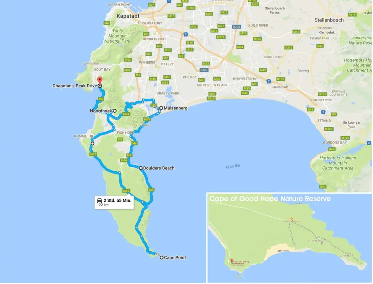 Karte der Kap-Halbinsel mit Route von Kapstadt über Chapman's Peak Drive, Noordhoek, Boulders Beach zum Kap der Guten Hoffnung.
