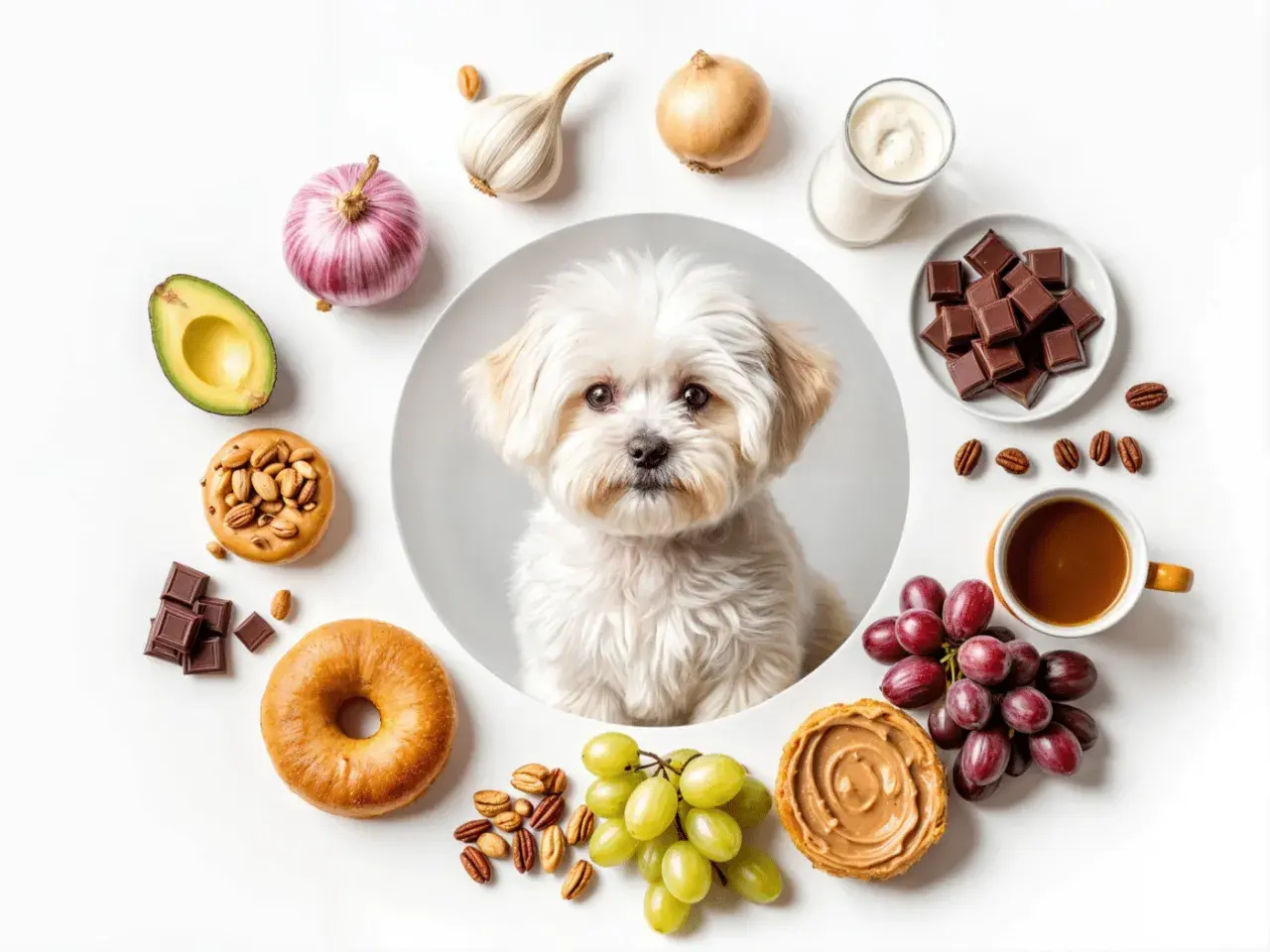 Bichón maltés adorable rodeado de alimentos prohibidos: chocolate, uvas, aguacate, ajo, cebolla, café, lácteos y frutos secos.