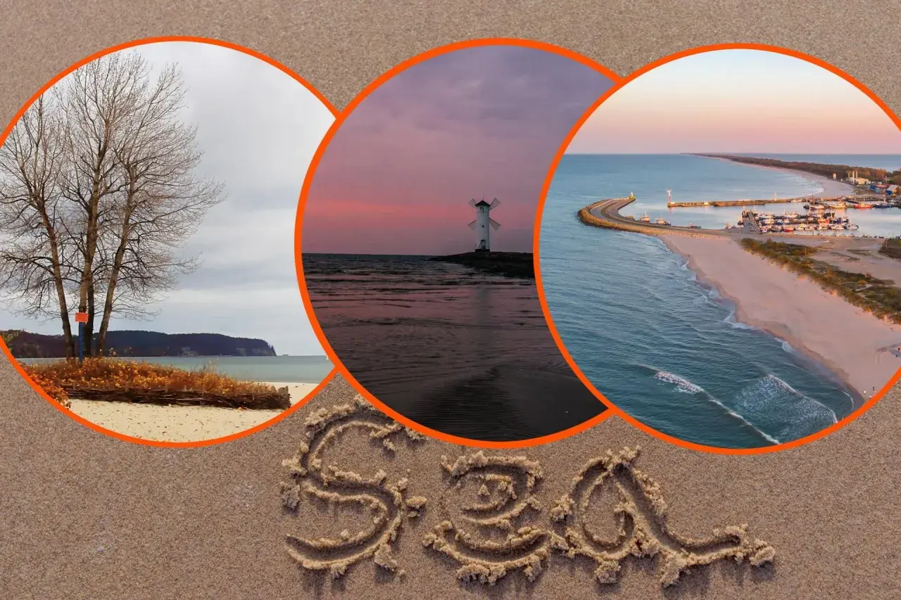 Trzy widoki na morze w okolicach Koszalina: plaża z drzewem, latarnia morska o zachodzie słońca i port. Słowo "morze" napisane na piasku.