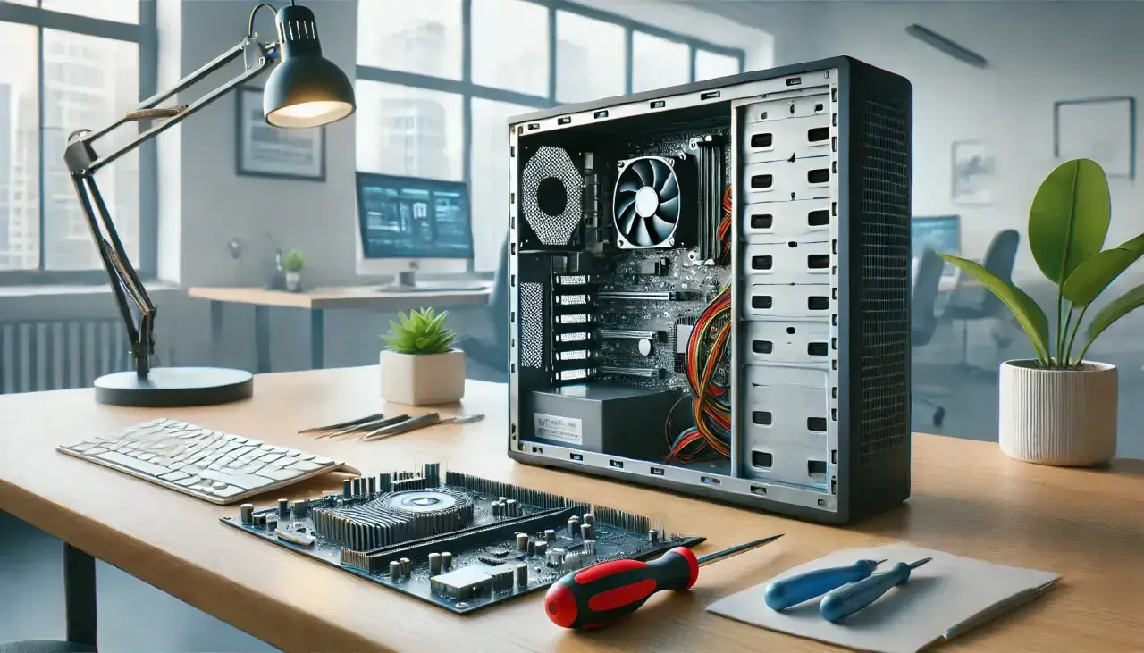 Ein offener PC-Tower, eine Hauptplatine, Werkzeuge und eine Schreibtischlampe auf einem Holztisch. Bereit, die festplatte smart auslesen.