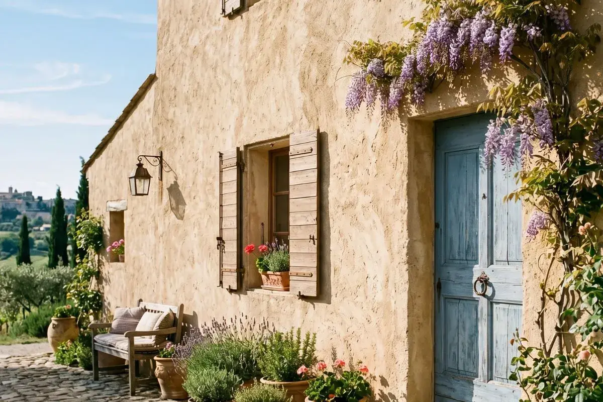 Maison de campagne avec enduit à la chaux extérieur, porte bleue, volets en bois, banc et lavande.