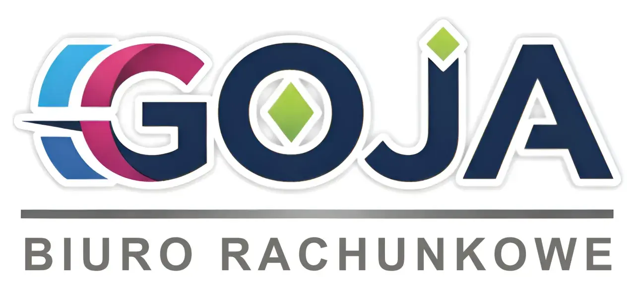 Logo "GOJA BIURO RACHUNKOWE" z kolorowymi literami i zielonym rombem.