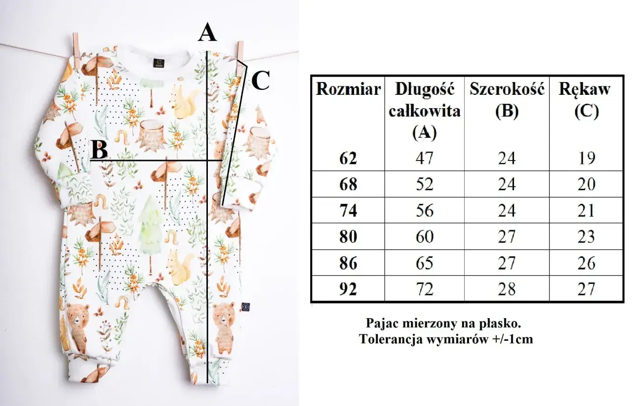 Tabela rozmiarów ubranek dziecięcych z wymiarami: długość całkowita (A), szerokość (B) i rękaw (C). Wymiary podane w cm.