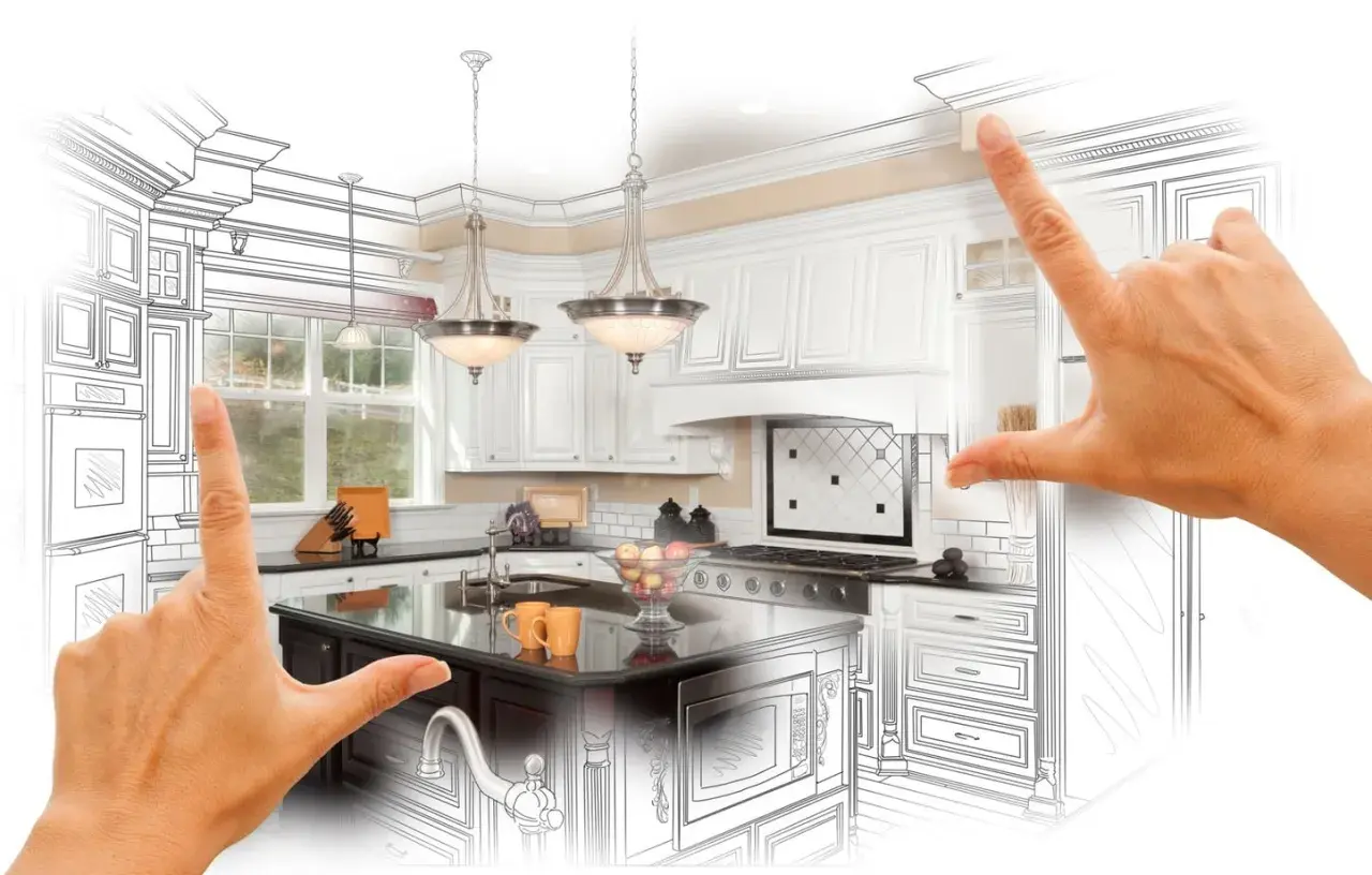 Mains d'un architecte encadrant une cuisine équipée, mêlant esquisse et rendu réaliste. La jurisprudence de la conception de cuisines sur mesure.