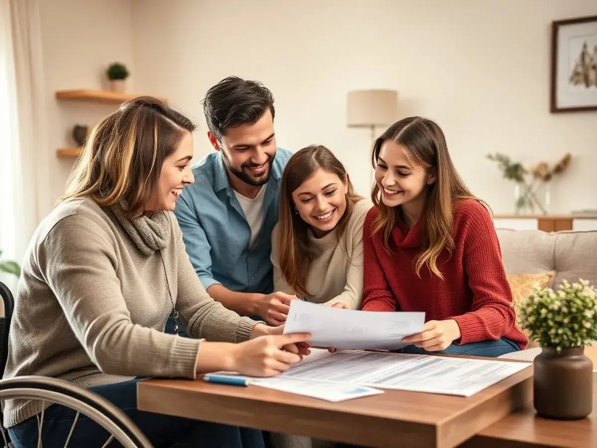 Famiglia discute documenti, forse un mutuo per una casa disabili. Sorrisi e speranza per un futuro con un buon tasso interesse.