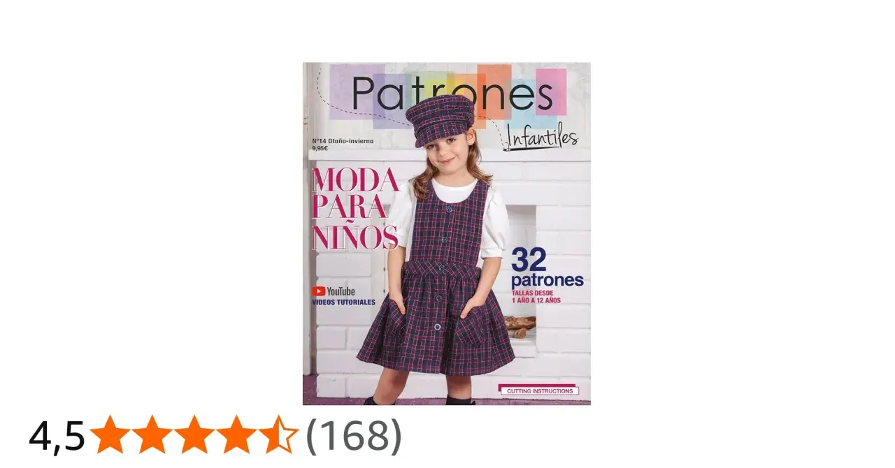 Niña sonriente con vestido de cuadros y gorra, portada de revista "Patrones Infantiles" con 32 plantillas para coser niños de 1 a 12 años.