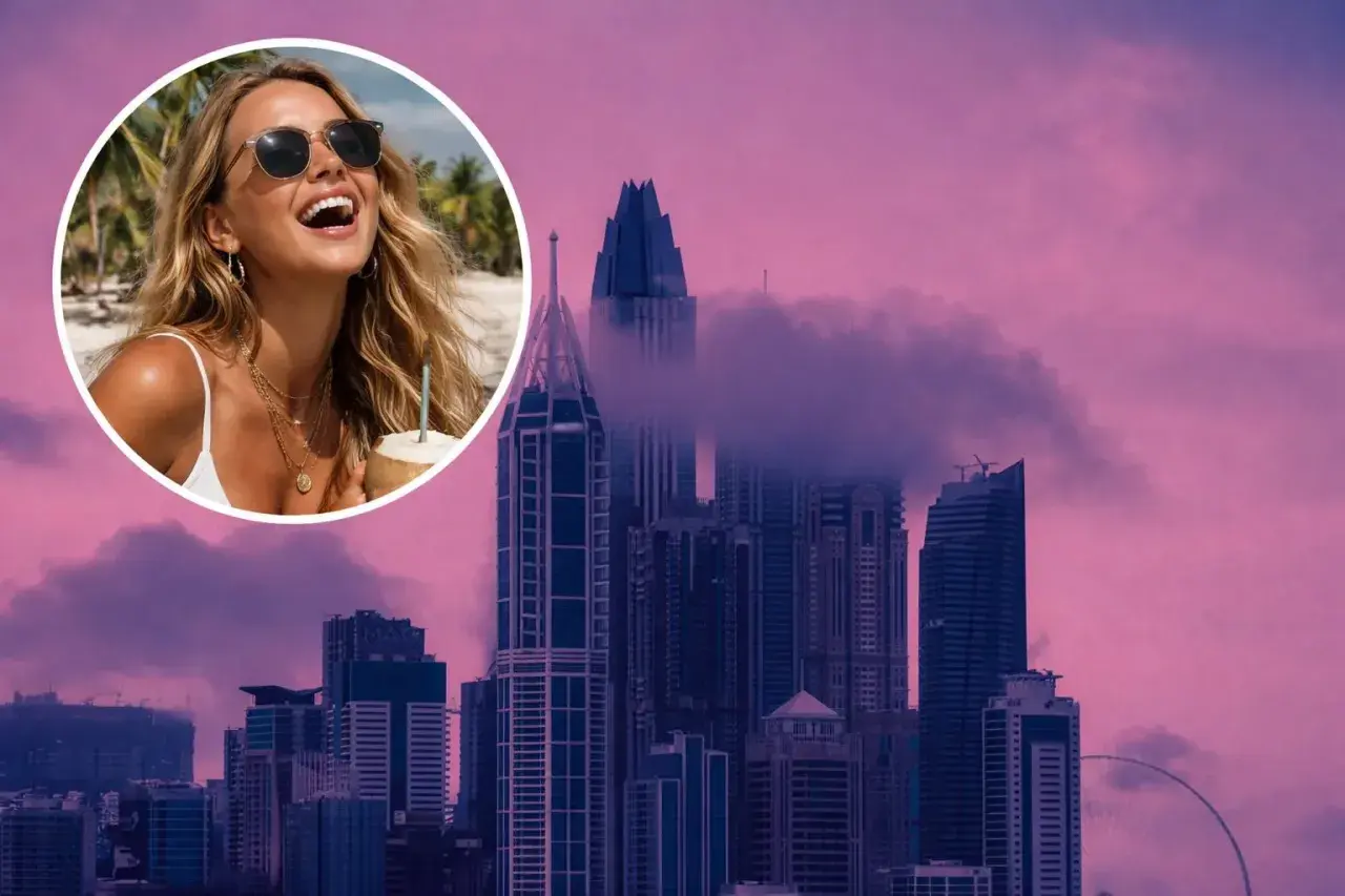 Uśmiechnięta blondynka z kokosem na tle wieżowców w Dubaju. Czy to odpowiedź na pytanie, dlaczego polskie gwiazdy masowo przeprowadzają się do Dubaju i Hiszpanii?