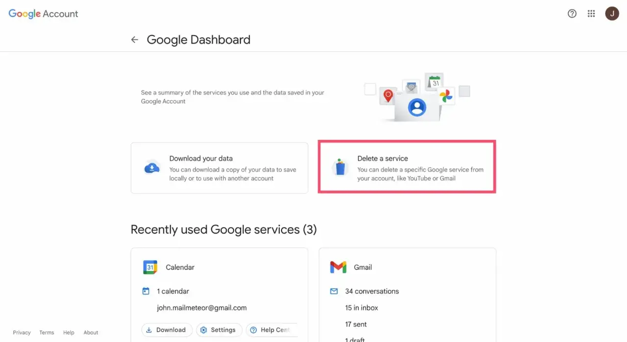 Tableau de bord Google : option pour supprimer un service, comme Gmail.
