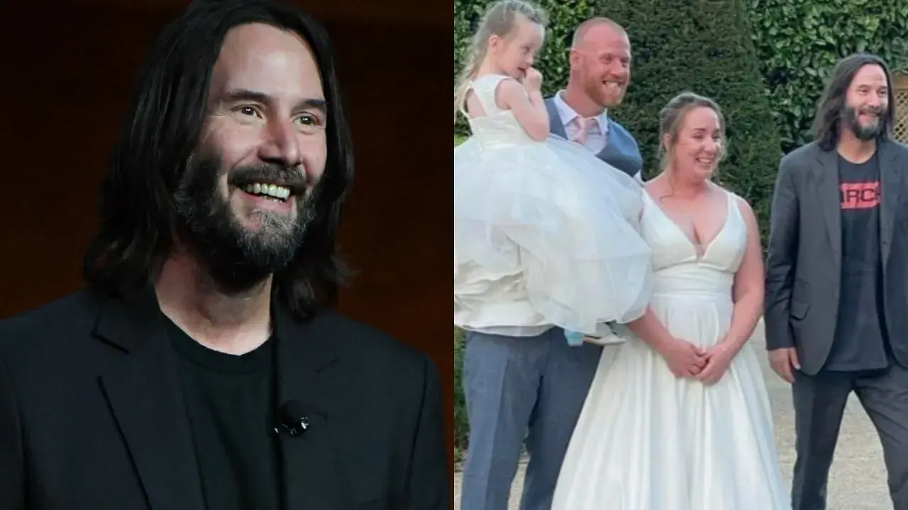 Keanu Reeves na ślubie, obok panny młodej i pana młodego z dzieckiem. Aktor wygląda na szczęśliwego, jakby poznał swoją przyszłą żonę.