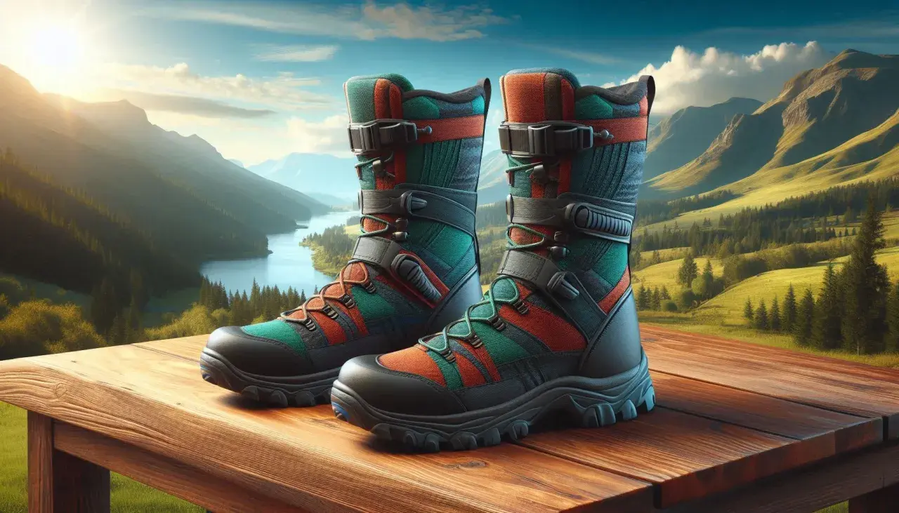 Kolorowe buty trekkingowe na drewnianym stole. W tle malowniczy krajobraz z jeziorem i górami. Wyobraź sobie skutki braku stuptutów na bagnistych trasach Hebrydów Zewnętrznych!