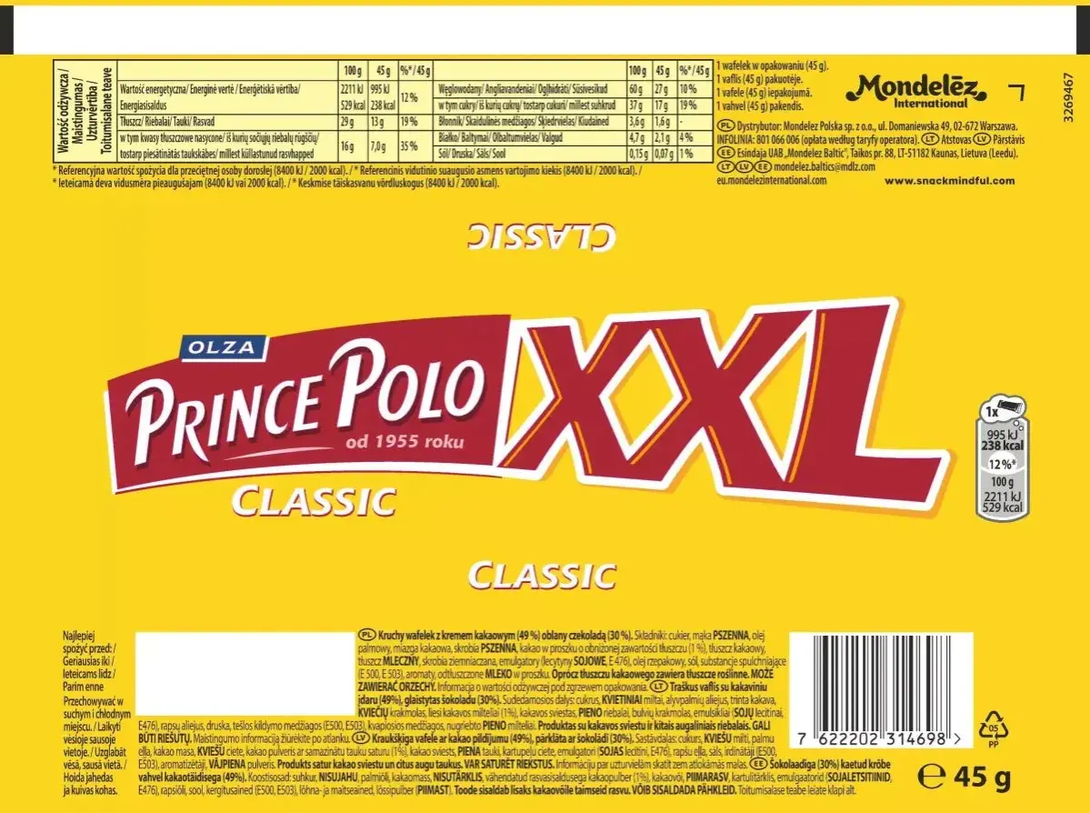 Prince Polo XXL, klasyczny wafelek z kremem kakaowym i czekoladą. 100g to 2211 kJ, 45g to 995 kJ.