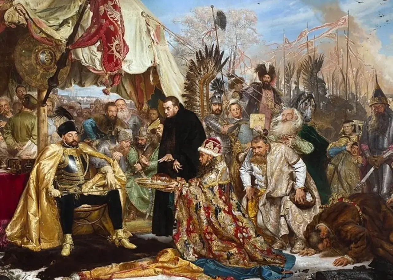 Uroczysta chwila podczas Konfederacji Warszawskiej. Król Jan Kazimierz klęka przed biskupem, przyjmując symboliczne dary.