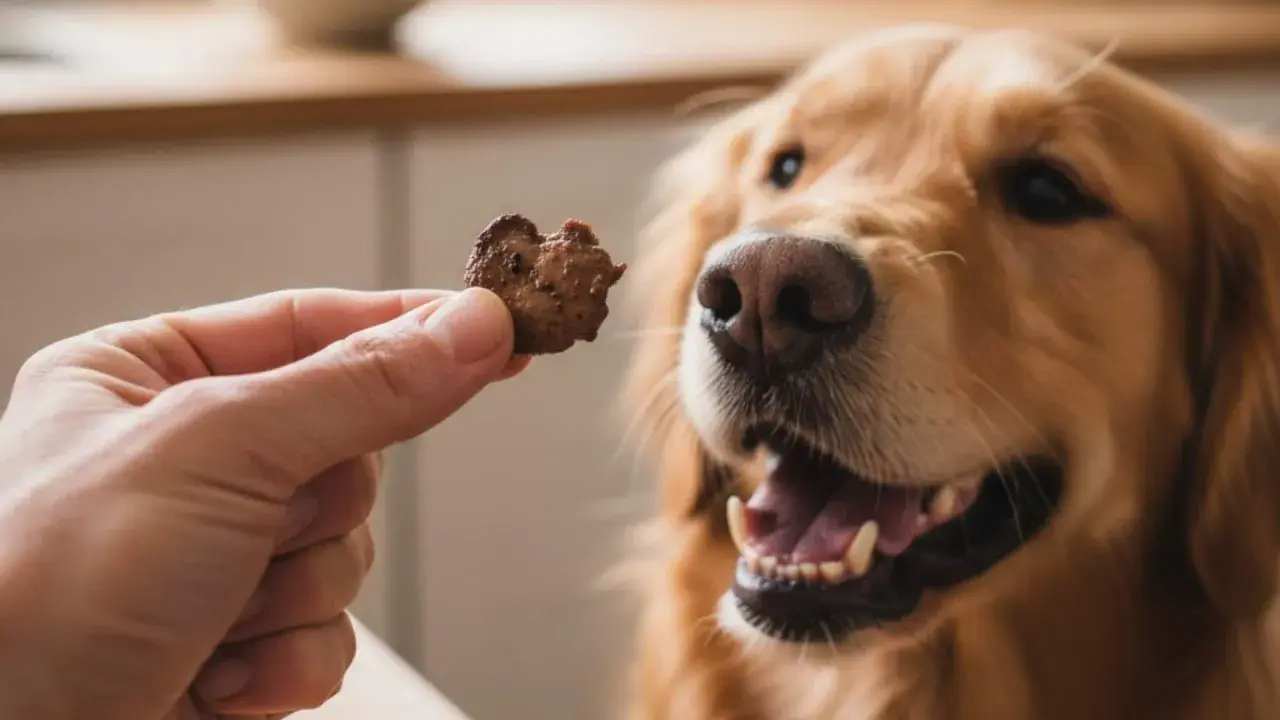 Un golden retriever ansioso espera una golosina. ¡Qué bueno que el hígado es bueno para los perros!