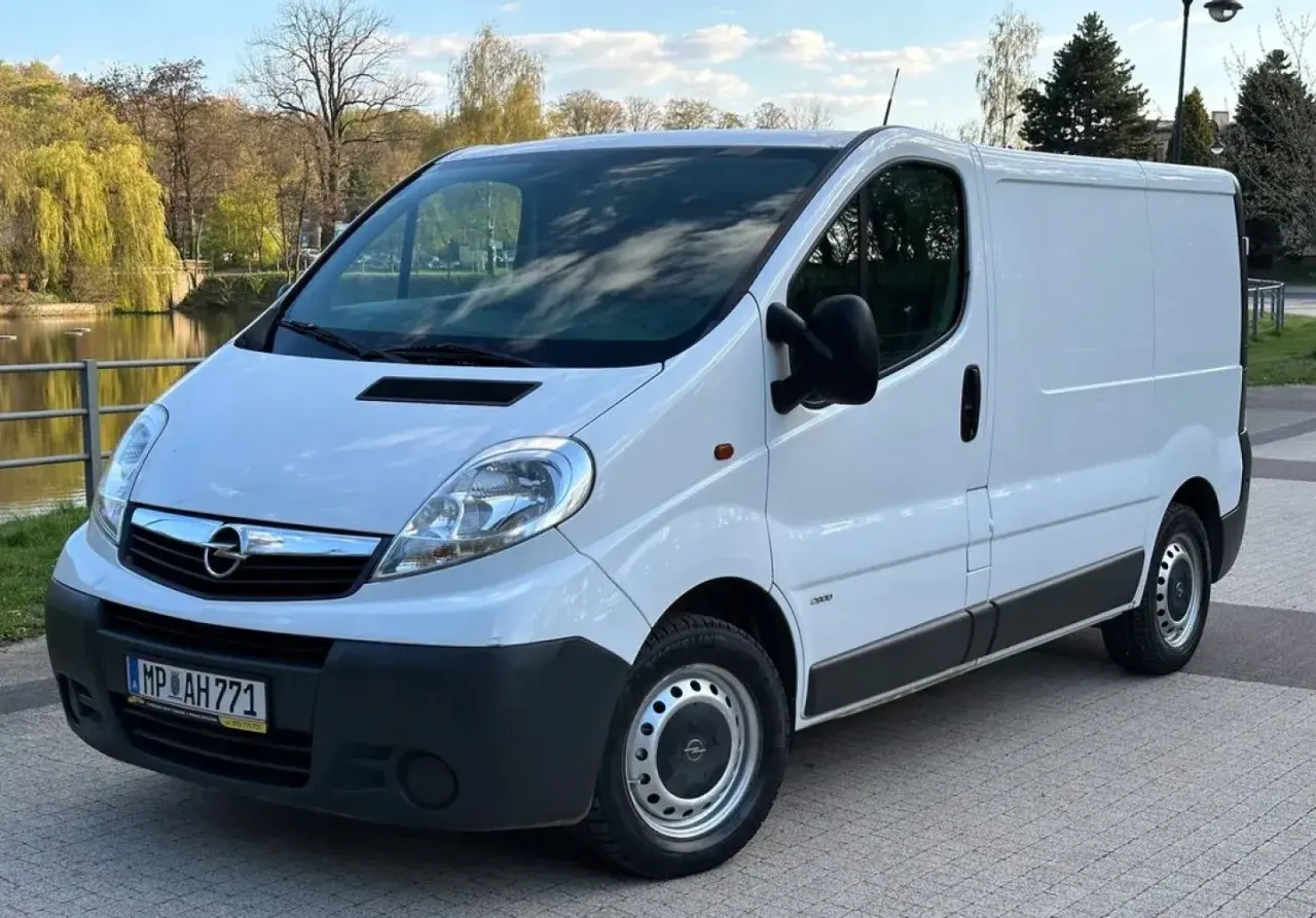 Biały Opel Vivaro 2.0 CDTI zaparkowany przy wodzie, gotowy do podróży.