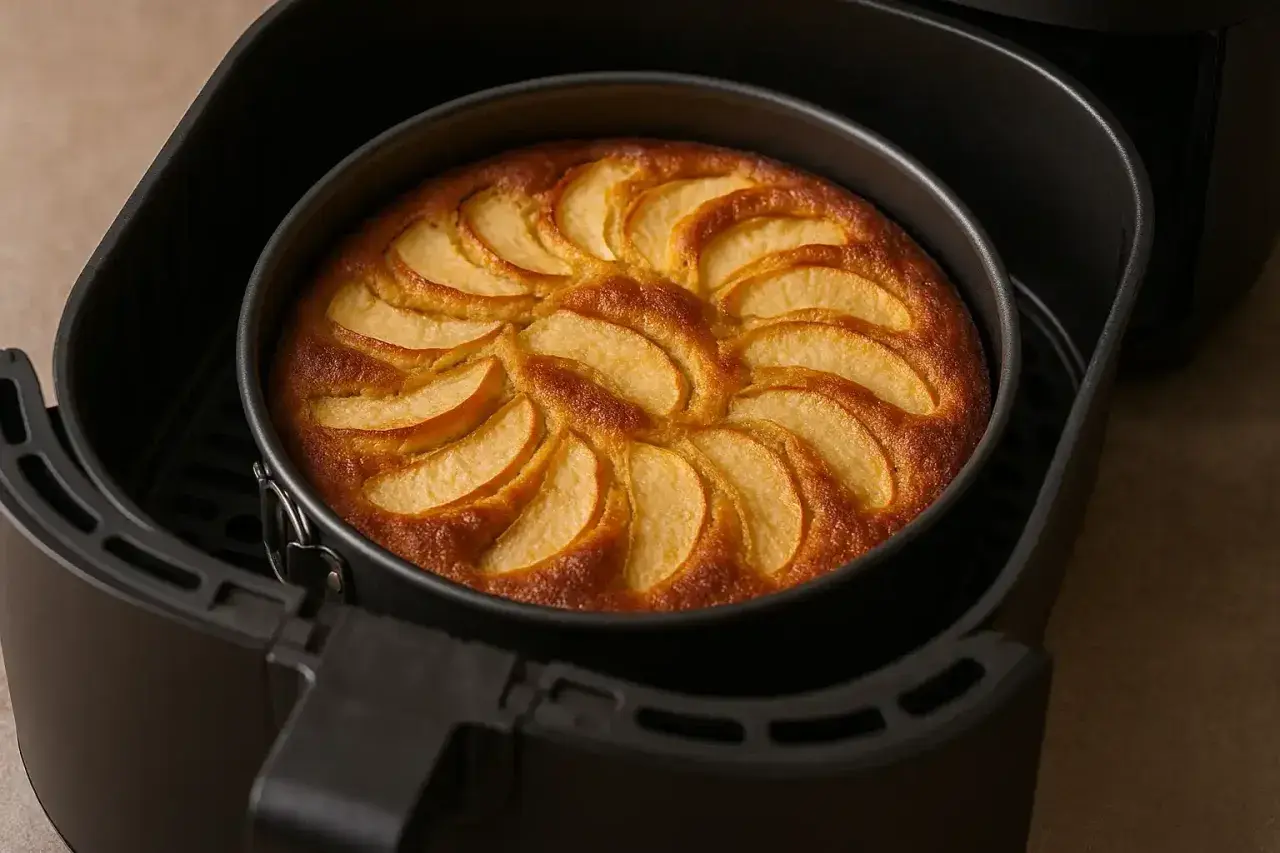 Torta di mele in friggitrice ad aria, dorata e profumata, pronta per essere gustata.