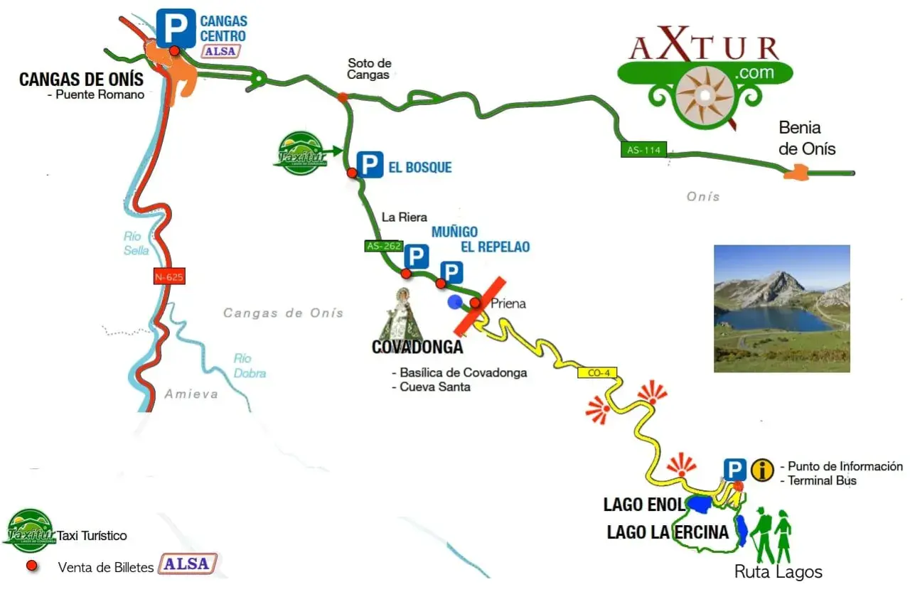 Mapa de la ruta a los Lagos de Covadonga, mostrando Cangas de Onís, la basílica y los lagos Enol y Ercina.