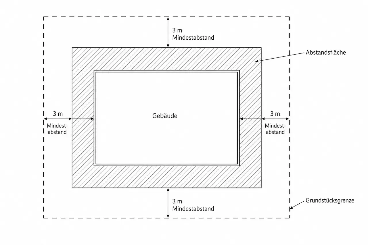 Schema zeigt ein Gebäude mit 3m Mindestabstand zur Grundstücksgrenze. Kann der Nachbar die Zustimmung zur Grenzbebauung verweigern?