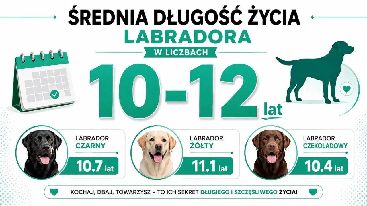 Średnia długość życia labradora to 10-12 lat. Czarny żyje 10.7, żółty 11.1, a czekoladowy 10.4 lat.