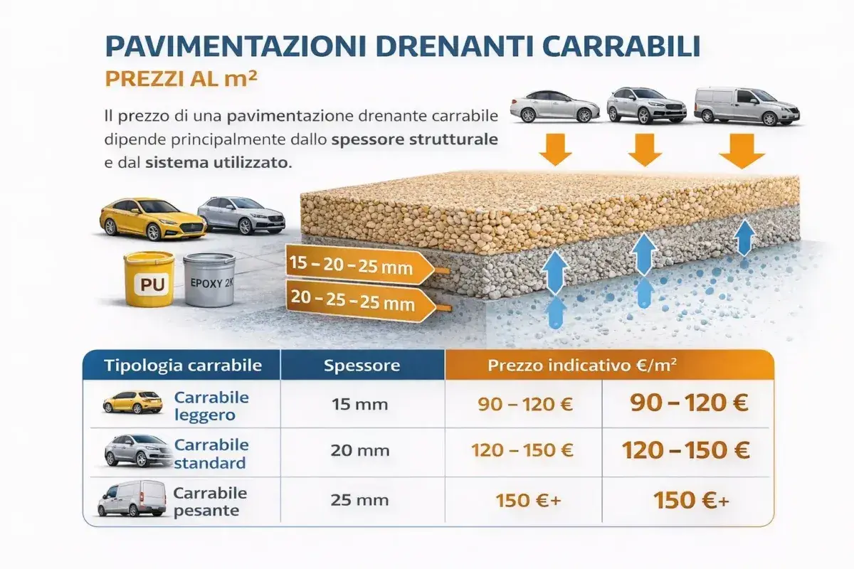 Pavimentazioni drenanti carrabili: strati di ghiaia e cemento per diverse portate. Prezzi al m² variabili per spessore e sistema.