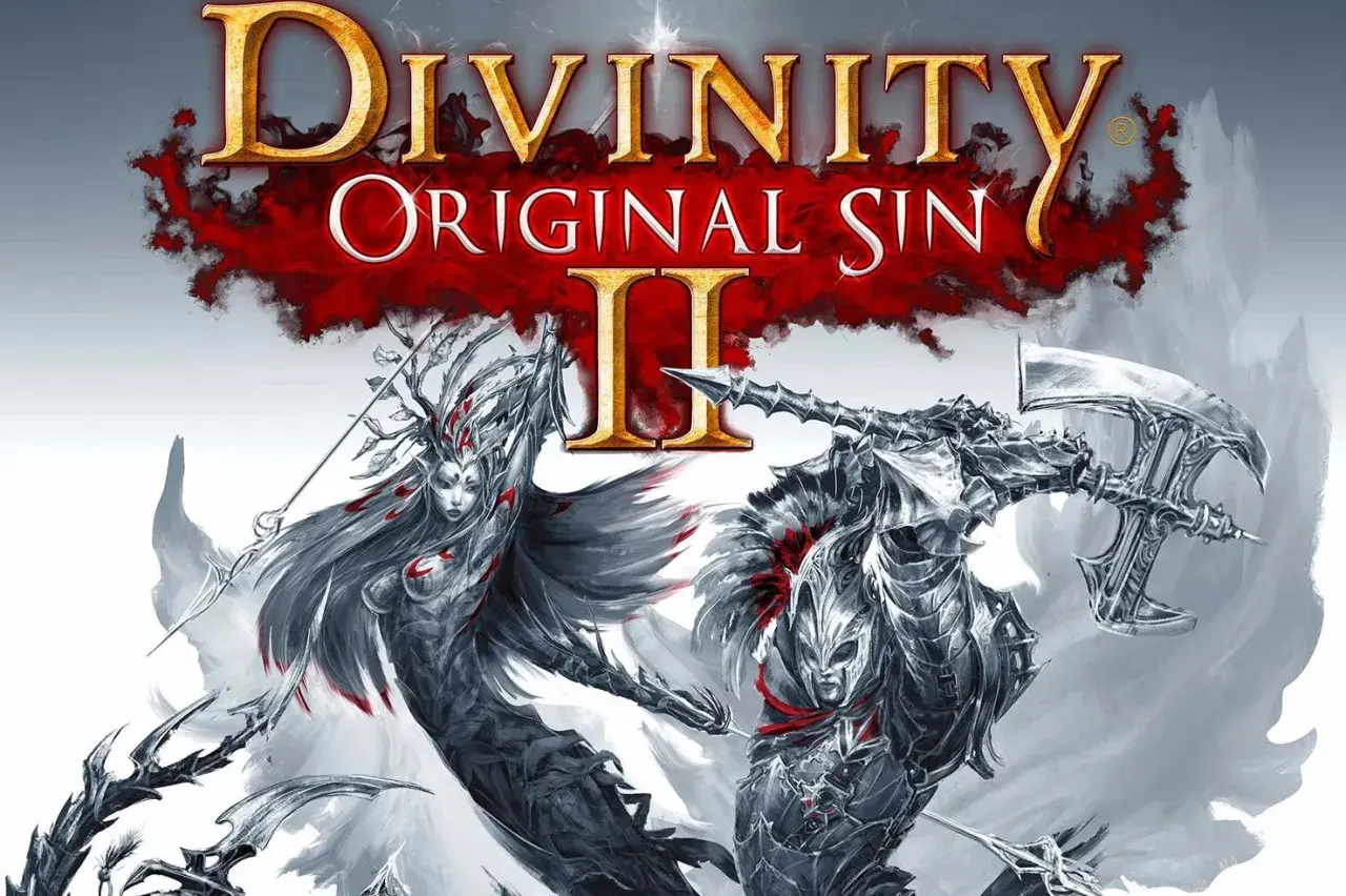Okładka Divinity Original Sin II. Dwie postacie w zbrojach, jedna z łukiem, druga z toporem, walczą na tle czerwonej mgły. To świetny materiał na poradnik!