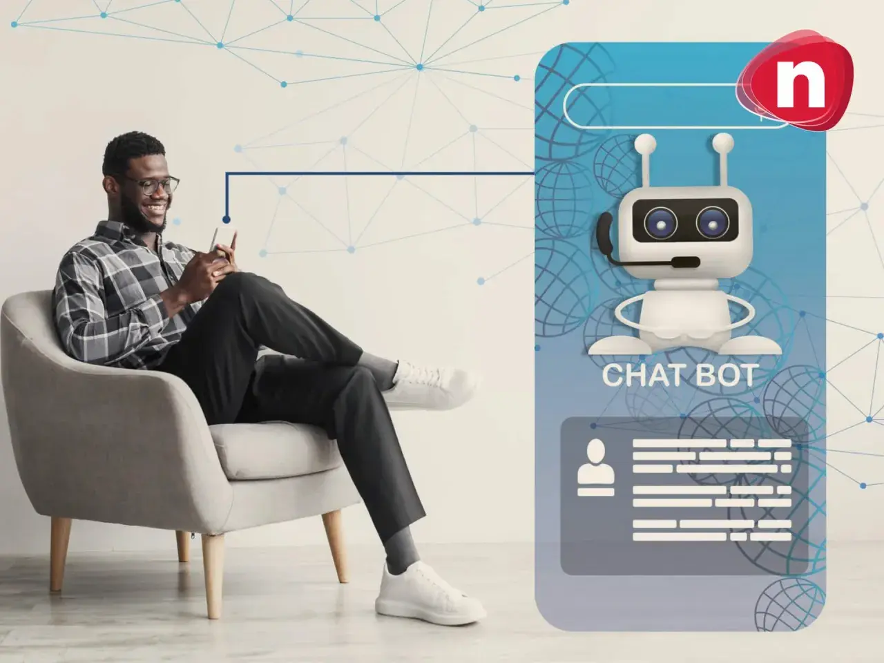 Un homme souriant utilise son téléphone, connecté à un chatbot exemple.