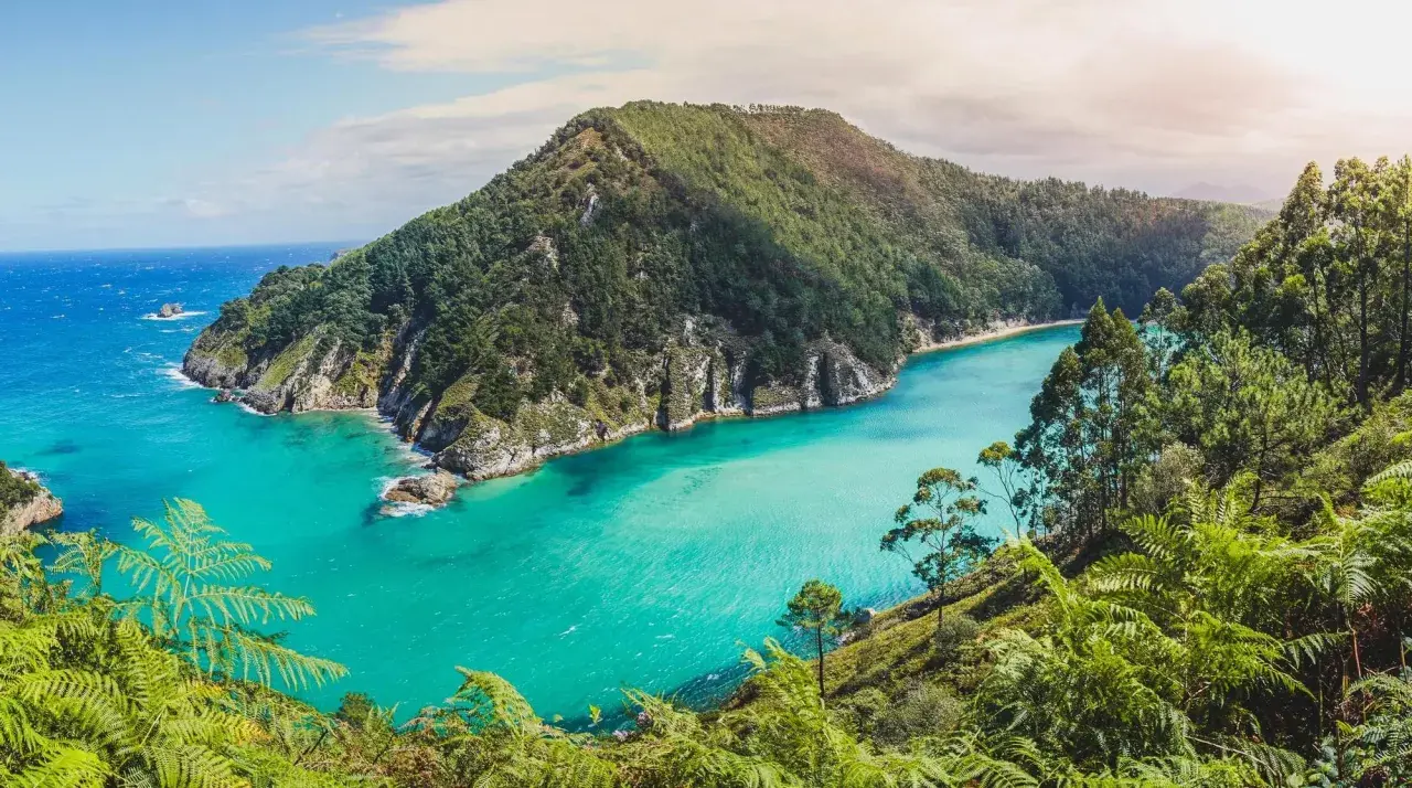 Bahía de aguas turquesas y vegetación exuberante, un rincón secreto con cosas escondidas que ver en Cantabria.
