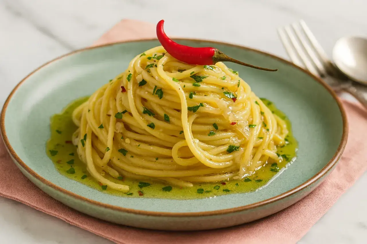 Ein Berg aus **Spaghetti Aglio Olio Original Italienisch**, garniert mit einer roten Chilischote und frischer Petersilie.