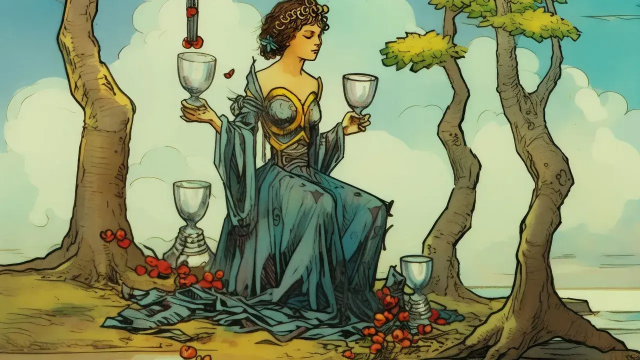 Kobieta w niebieskiej sukni trzyma kielichy, symbolizując 8 pucharów tarot. Otaczają ją drzewa i czerwone owoce.