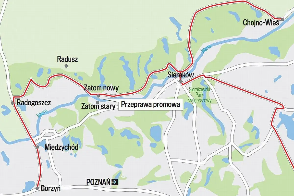 Mapa Puszczy Noteckiej z zaznaczonymi miejscowościami: Radogoszcz, Sieraków, Międzychód, Gorzyń, Chojno-Wieś. Widoczna rzeka Warta.