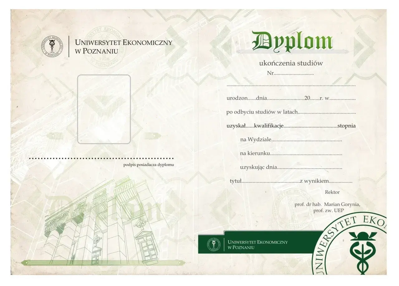 Dyplom ukończenia studiów Uniwersytetu Ekonomicznego w Poznaniu z miejscem na zdjęcie i podpis.