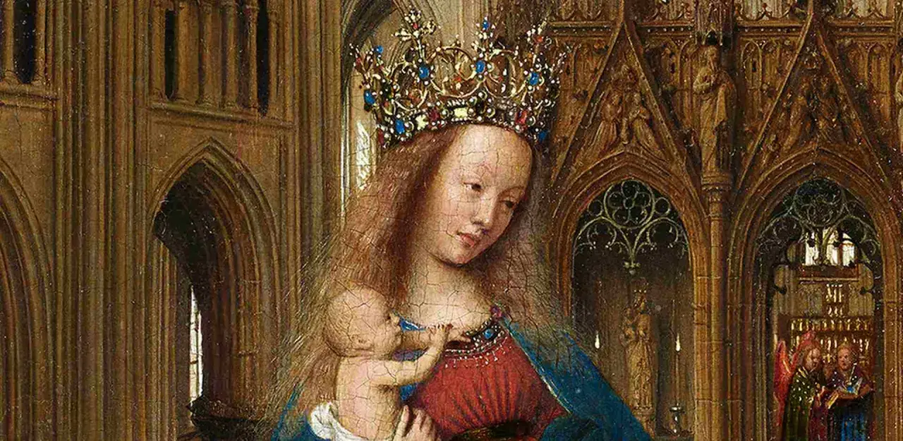 Detail aus Kunstwerken von Jan van Eyck: Madonna mit Kind, gekrönt, in einer gotischen Kirche.