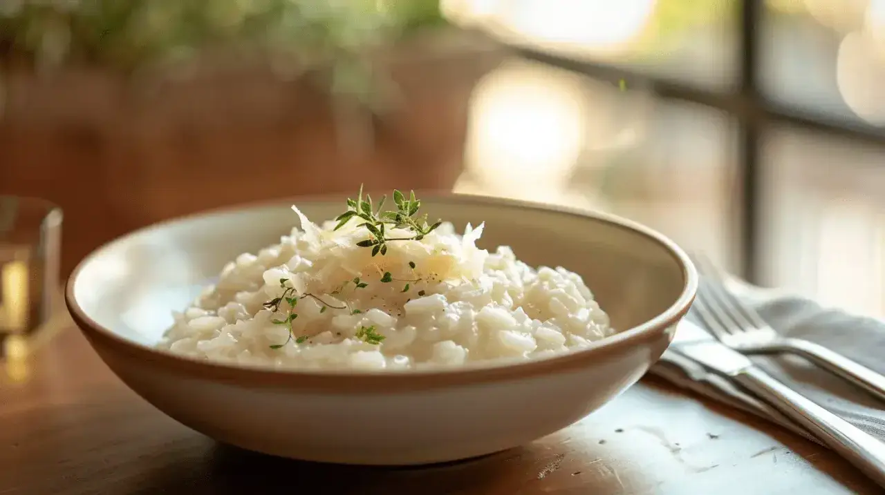 Un crémeux risotto cookeo, garni de parmesan et de thym frais, servi dans un bol sur une table en bois.
