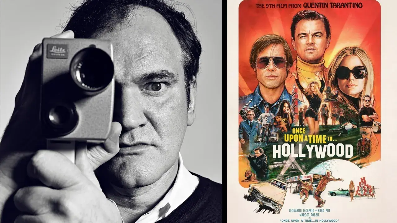 Quentin Tarantino håller en filmkamera. Bredvid syns filmaffischen för "Once Upon a Time in Hollywood".