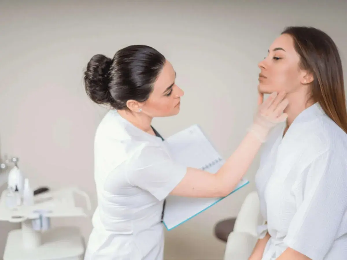 Dermatolog bada skórę pacjentki, by ocenić jej stan i dobrać odpowiednie zabiegi.