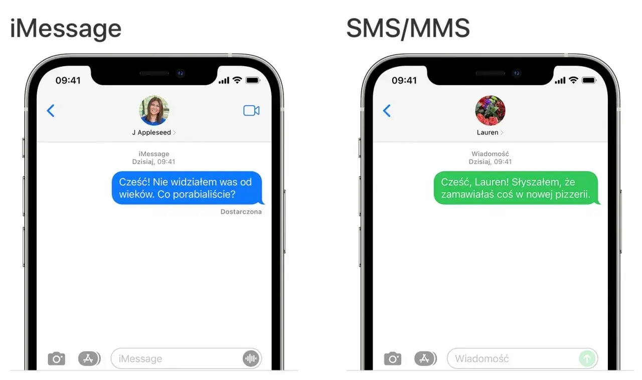 Porównanie iMessage i SMS/MMS. Na iMessage niebieska bańka z tekstem "Cześć! Nie widziałem was od wieków. Co porabialiście?". Na SMS/MMS zielona bańka z tekstem "Cześć, Lauren! Słyszałem, że zamawiałaś coś w nowej pizzerii.