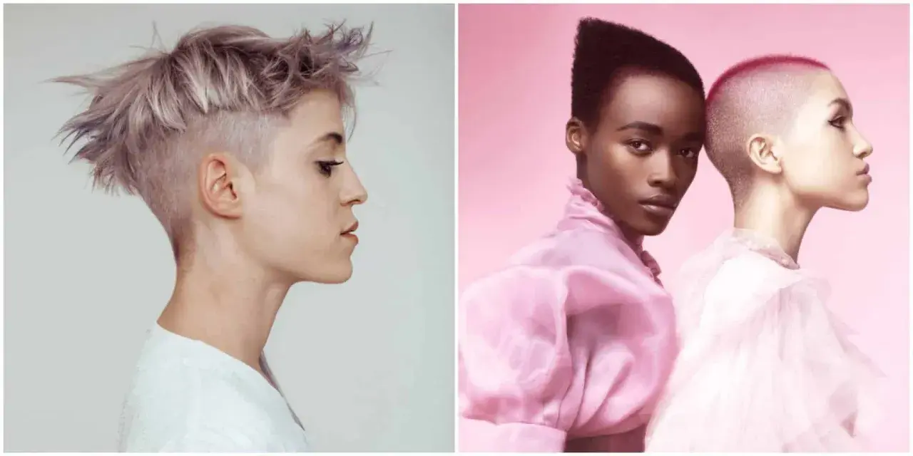 Dos mujeres con pelo rapado, una con un estilo despeinado y color lavanda, la otra con un corte pixie y tinte rosa vibrante.