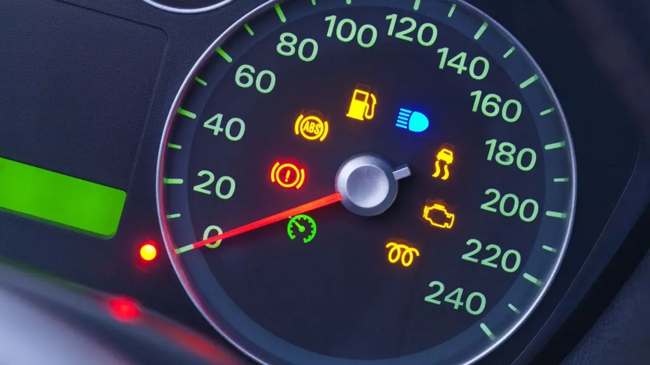 Cruscotto auto con spie accese: serbatoio, ABS, luci blu, controllo stabilità, motore e altre. L'ago del tachimetro indica una velocità bassa.